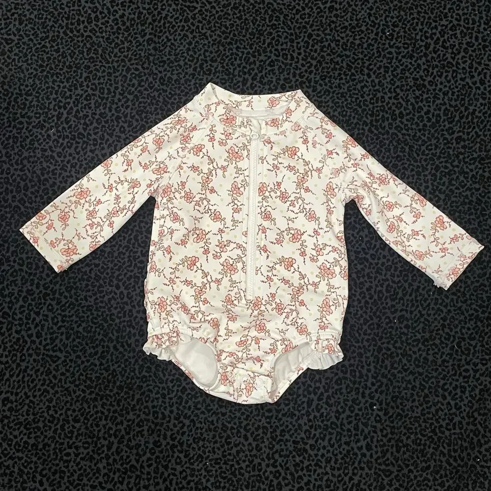 Janie & Jack Toddler One Piece Swim Suit Rash Guard Floral 0-3M Ruffle Dress